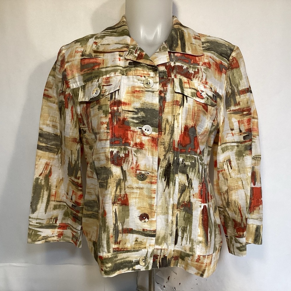 Chico's Multicolor Abstract Linen Jacket 3/4 Sleeve Chico’s size 0